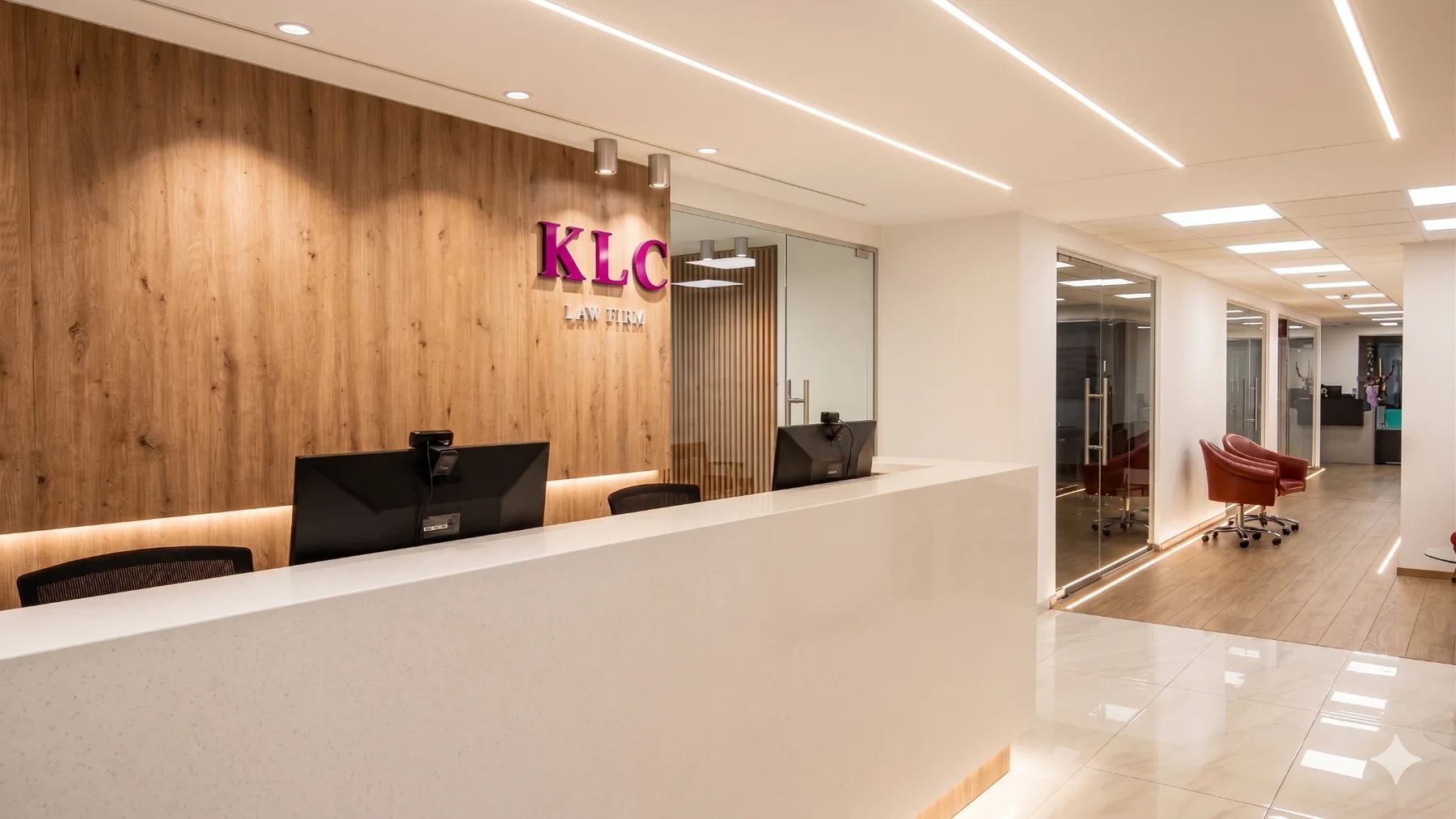 Premium reception του KLC Law Office με ξύλινη επένδυση και γυάλινα χωρίσματα